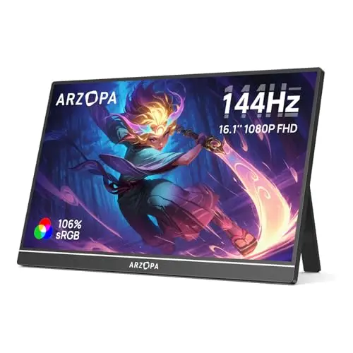 ARZOPA 16.1'' 144Hz Monitor Portátil con Kickstand, 106% sRGB 1920×1080P FHD HDR 144HZ Gaming Monitor, Ultra Delgado - Protección Ocular-Segunda Pantalla Externa para Laptop/PC/Mac/PS3/4/5/Xbox Z1FC