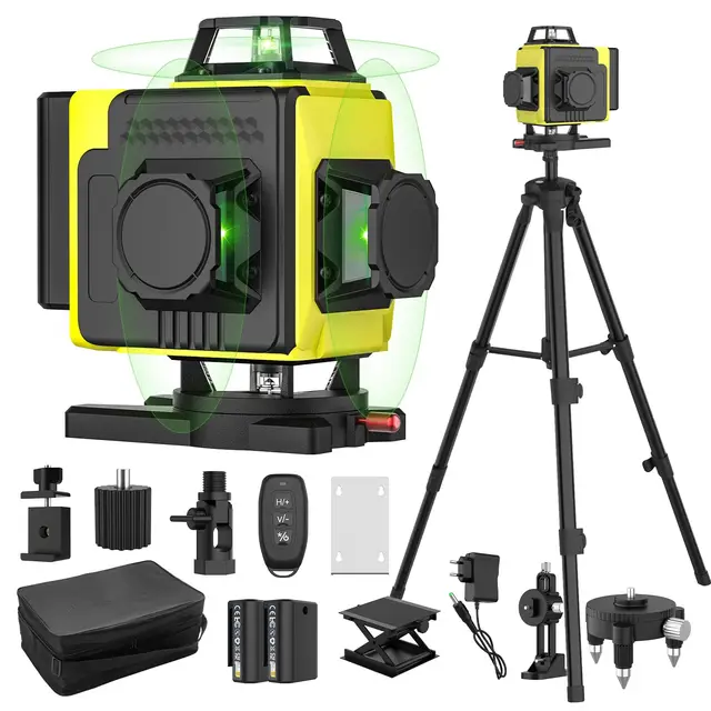 Nivel láser autonivelante 360° X 4, láser de construcción 4D con 16 líneas láser, modo de pulso para exteriores, 2 baterías, autonivelación, soporte rotativo, control remoto.(Con Tripode)