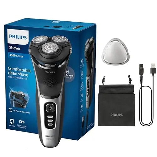 Philips Serie 3000 Afeitadora Eléctrica Hombre, Máquina de Afeitar Barba con Cortapatillas, 27 cuchillas, Cuida la piel, 60min de uso, En Seco y Húmedo, Recargable, Funda, S3241/12, Gris