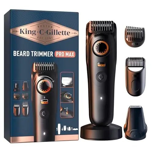 King C. Gillette Recortadora de Barba Hombre Pro Max, Cortapelos 4 en 1 con 40 Longitudes, 6 Accesorios, Cargador Y Funda, Máquina de Cortar Pelo Inalámbrica con Hoja Afilada de por Vida