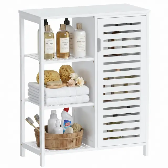 HITNET Mueble Baño Bambu, Armario Bajo Baño Auxiliar, Gabinete de Almacenamiento con Puerta y 3 Estantes Abiertos, para Sala de Estar, Cocina, Entrada, Blanco