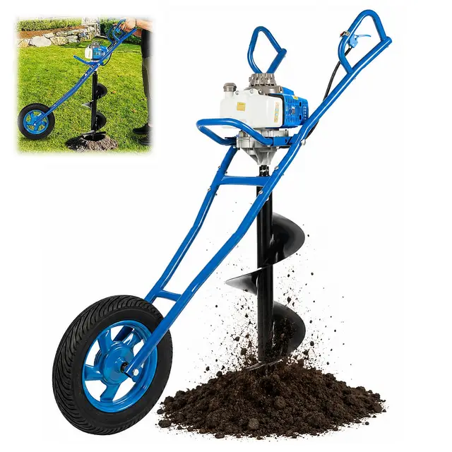 Ahoyadora Gasolina 2 Tiempos Motor 63 CC 2,2KW Empuje Manual Ahoyador con 300mm Broca, Ruedas Profesional Barrena para Tierra Compactadora De Tierra para Granja, Huerto