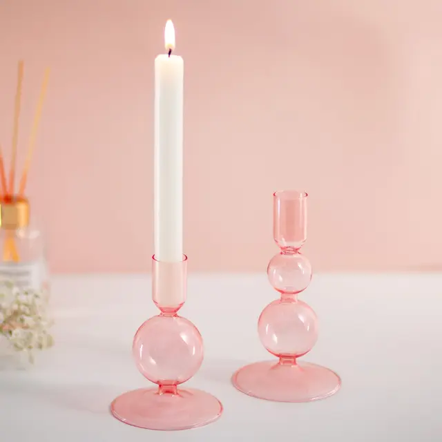 glasseam portavelas cristal rosa set 2