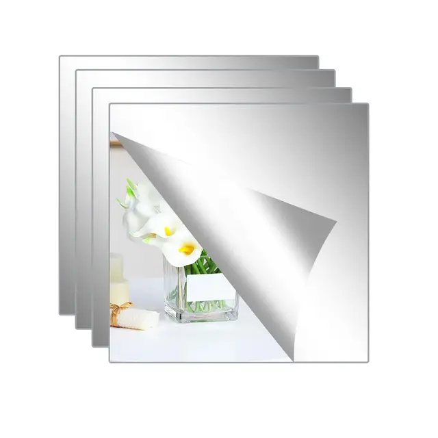 Hode 4 Piezas Espejo Adhesivo de Pared Puerta Armario, Espejo Pegatina Flexibles, Decorativos para Baño Dormitorio Sala de Estar(20x20cm)
