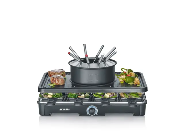 SEVERIN Combinación fondue/raclette para 8 personas, parrilla 2 en 1, revestimiento antiadherente, incluye 8 sartenes, raspadores y tenedores para fondue, apto para lavavajillas, RG 2347