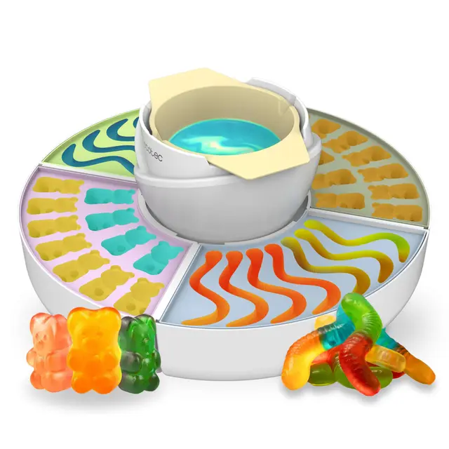 Cecotec Máquina de Hacer Golosinas Fondue de Chocolate Gummy Maker Fun&Sugar Gummy. 2 en 1, 40 W, 4 Moldes de Silicona, 4 Bandejas Desmontables, Diseño Compacto, Fácil de Limpiar
