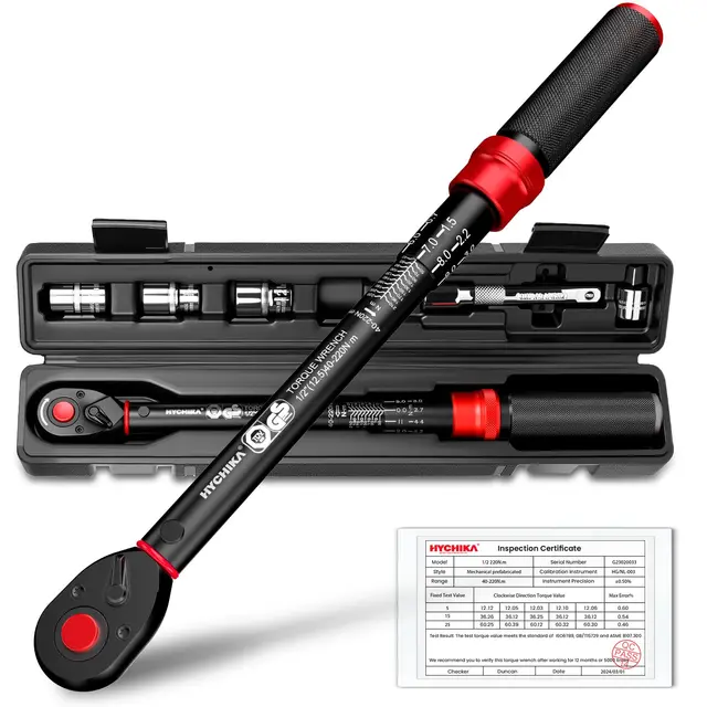 HYCHIKA Llave Dinamométrica 1/2" 40-220 Nm - Precisión ±2%, 72 Dientes Doble Sentido para Coches, Camiones y Motos, Mecanismo Click, con Adaptador 3/8", Alargue y Vasos (17, 19, 21mm)
