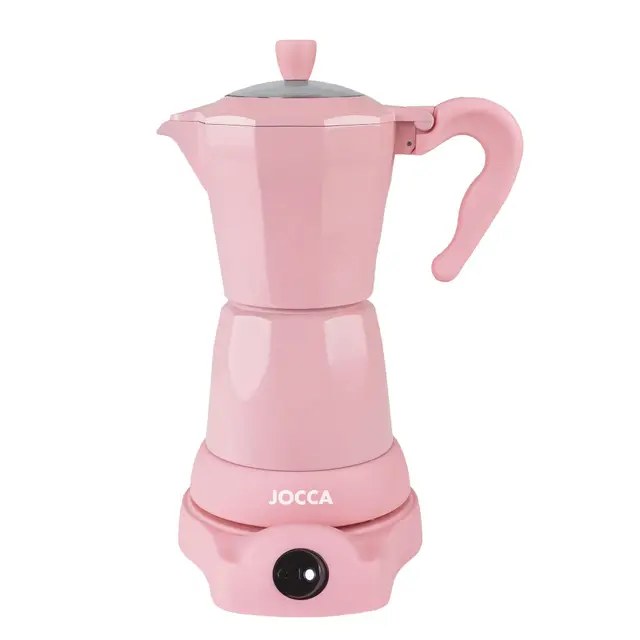Jocca - Cafetera italiana eléctrica rosa | 6 tazas | Base giratoria 360º | Sistema mantiene caliente | Asa toque frío | 480W sin cables