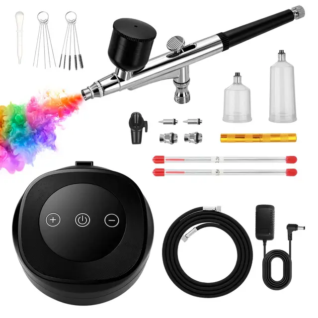 Kit de Aerógrafo Profesional con Compresor, Presión Ajustable 28/38/48 PSI, Boquillas 0.2/0.3/0.5 mm, Ideal para Uñas, Maquillaje, Pasteles, Tatuajes, Modelismo y Arte DIY (Negro)