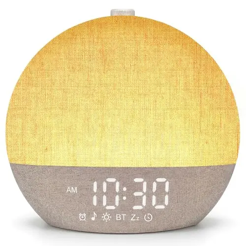 Despertador de Simulación de Amanecer con Luz Natural 17 Tipos de Iluminación, 30 Sonidos Relajantes, Asistencia para el Sueño, Bluetooth y Función de Alarma con Posposición