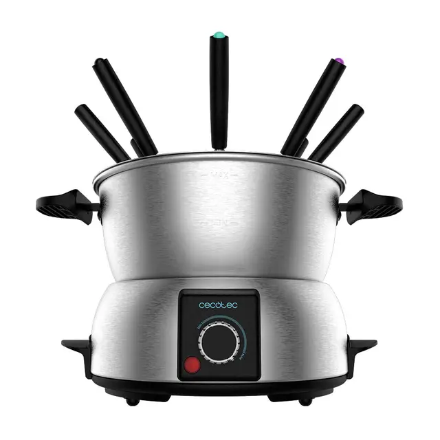 Cecotec Fondue eléctrica Fun GourmetFondue. 1000 W de Potencia, Termostato regulable, Acero Inoxidable, para Queso, Chocolate y Aceite, Incluye 8 Tenedores, Piezas aptas para lavavajillas