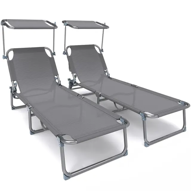 VOUNOT® Juego de 2 Tumbonas Plegables con Parasol, Tumbona Playera Reclinable 4 Posiciones, Estructura Acero y Tejido Textileno, Peso Máx. Soportado 110kg para Piscina, Jardín, Playa 190x58x27cm, Gris