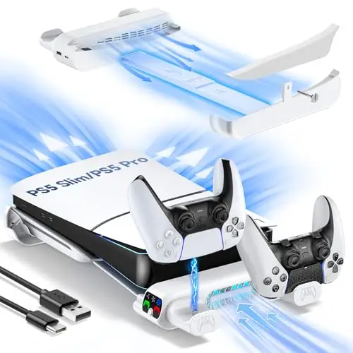 Tokluck Soporte Horizontal para PS5 Pro/Slim Disc y Digital, Soporte de Refrigeración para PS5 con Cargador para Playstion 5, Suporte Horizontal para PS5 Slim y Pro (No Apto con 2020 PS5 Normal)