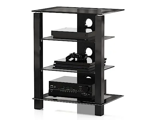 FITUEYES Mueble HiFi Negro con 4 Estantes de Cristal Templado,Mueble HiFi Mesa con 3 Columnas y Gestión de Cable,57 * 42 * 73.9cm