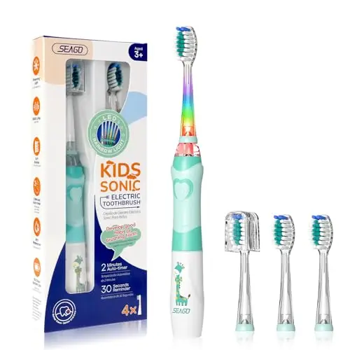 Seago SG977 Cepillo Eléctrico Infantil - 24.000 Vibraciones con Luz LED, 4 Cabezales de recambio extra suaves, Temporizador de 2 minutos, IPX7 Impermeable para Niños de 3 Años en adelante - Verde