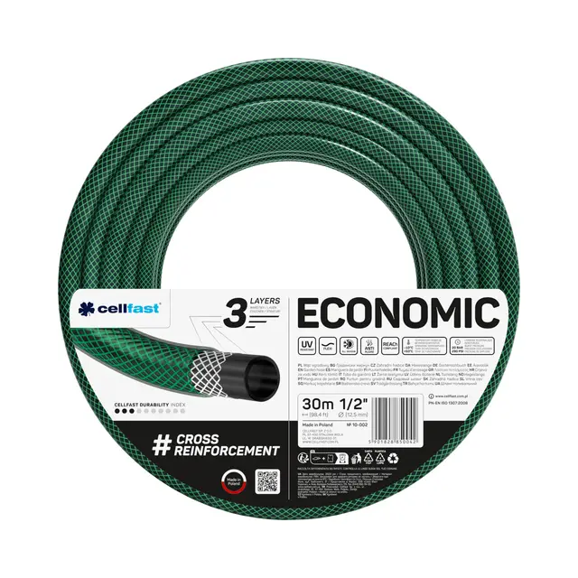 Cellfast 10-002 manguera de jardín ECONÓMICA Manguera de agua elástica y flexible de 3 capas hecha de tela cruzada de poliéster, presión de rotura de 20 bar, 30 m, 44198 pulgadas, -10 2