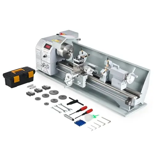 CREWORKS 1100W Mini Torno de Metal de Bancada 220x600mm 9"x24" de Alta Precisión con Portabrocas de 3 Mordazas y Velocidad de Husillo Máx. 3000 RPM Pantalla LCD para Roscado, Torneado, Taladrado