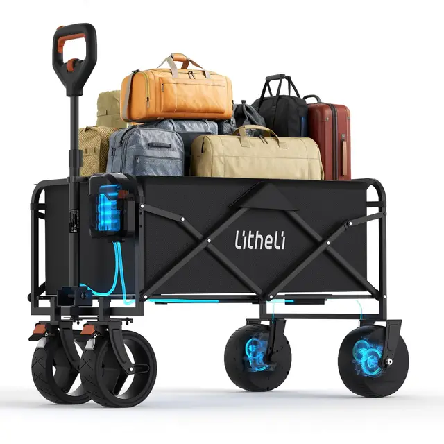 Litheli Carretilla eléctrica plegable, carro de mano plegable con motor y frenos, 100 l, 50 kg, carro plegable adecuado para camping, jardín, playa, compras (negro, W1 Go sin batería)