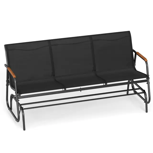 COSTWAY Banco Balancin de 2/3 Plazas, Banco Deslizante con Asiento Largo y Reposabrazos Curvos de Teca, Tela Transpirable, Jardin Terraza Exterior, Carga 300/450kg (Negro,74 x 169 x 84 cm)