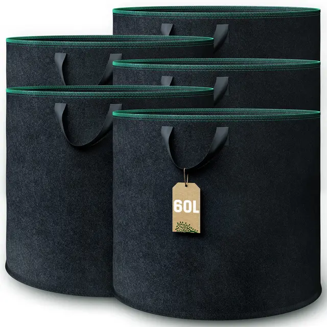 GardenGloss® Saco de Plantas (5 Piezas) - Bolsa de Cultivo de 60L de Tela No Tejida - Bolsa de Plantación para Patatas, Tomates y Fresas - Color Negro - Uso en Interiores y Exteriores | Para patatas y tomates, para interior y exterior, de tela no tejida, reutilizable