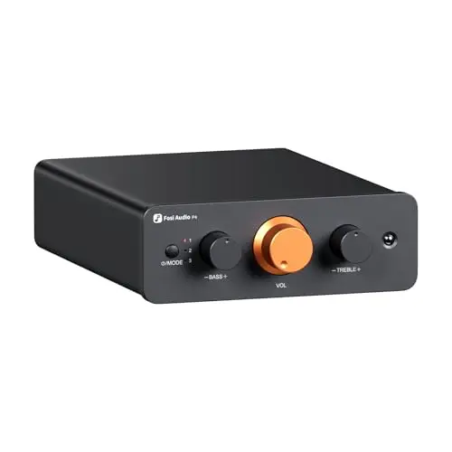 Fosi Audio P4 Mini Preamplificador con 3 Entradas RCA, Preamplificador Estéreo de Audio Doméstico para Amplificador/Subwoofer Activo/Altavoces, con Ganancia Ajustable de 3 Niveles 3/6/9 dB
