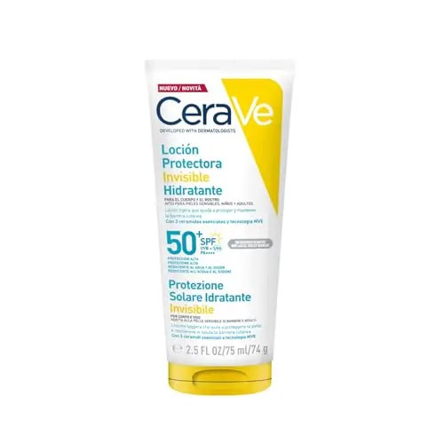CeraVe Loción Protectora Invisible Hidratante SPF 50+ con 3 ceramidas esenciales para cuerpo, rostro y todo tipo de pieles 75 ml