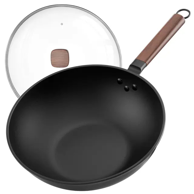 Jobin 33cm/13inch Wok de Acero al Carbono Premium con Tapa de Vidrio - Wok sin Revestimientos Químicos para Cocina Asiática, Compatible con Inducción, Gas, Vitrocerámica y Placas Eléctricas