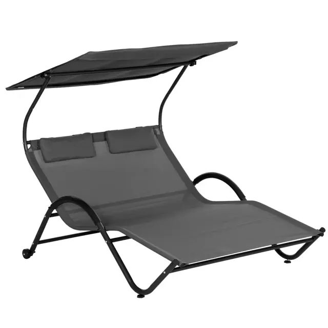 Outsunny - Tumbona de 2 plazas con techo ajustable reposacabezas y ruedas de acero y poliéster dim. 200 x 137 x 138 cm, color gris oscuro