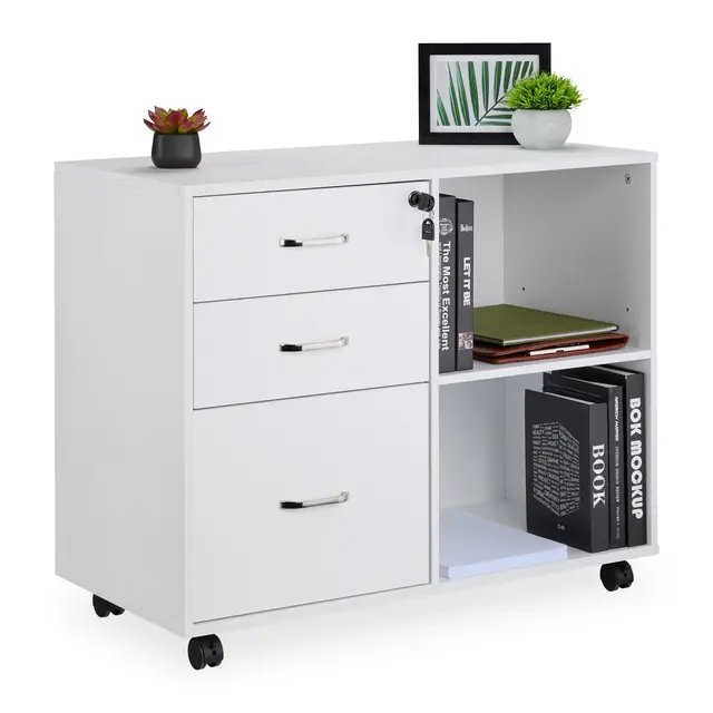 Relaxdays Mueble Archivador, 3 Cajones, 2 Compartimentos, 66x80x40 cm, 4 Ruedas Cajonera Oficina, con Llave, Blanco
