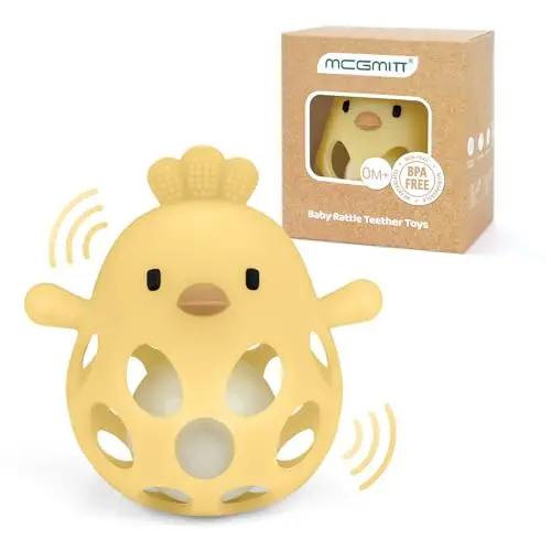 MCGMITT Pelota de Agarre con Sonajero – Mordedor para Bebés de Silicona sin BPA, Juguete Montessori Sensorial con Forma de Pollito, Ayuda para la Dentición 0-24 Meses Niños y Niñas – Amarillo