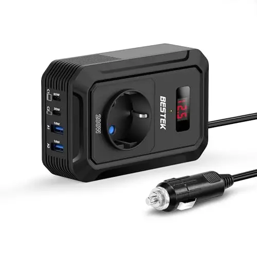 BESTEK Inversor 12v 220v Onda Pura 200W,Transformador 12V a 220V Convertidor Onda con 2 AC Tomas Y 2 USB-C (65 W y 30 W) 2 USB-QC (18 W) sinusoidal con Protección para Barco,Caravana,Coche(Negro)
