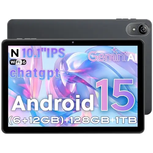 Tablet 10 Pulgadas Android 15 Gris, Gemini AI, 18GB RAM (6+12) 128GB, T30 Octa-Core, Pantalla IPS HD, 6000mAh, WiFi 2.4/5G, GPS, GMS Certificado, Face ID, Type-C, BT, TF 1TB, Gray
