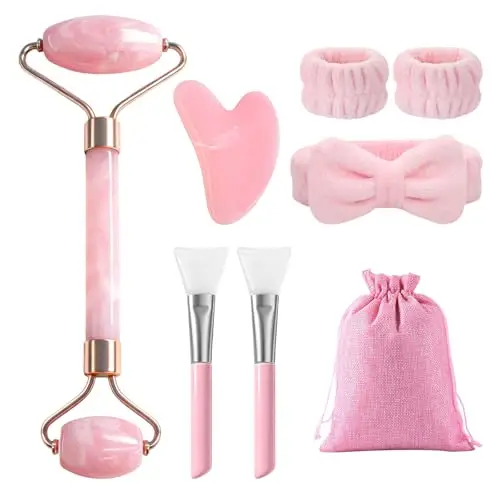 flintronic 8 en 1 Gua Sha Facial Rodillo de Jade, Juego de Rodillo Cara Masaje y Piedra Gua Sha, Masajeador Facial Jade, Rodillo Facial Masaje,Guasha Piedra,Diadema,Cepillo Mascarilla Silicona,Bolsa