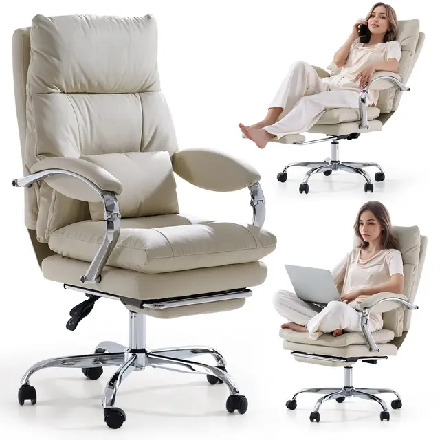 EMIAH Silla de Oficina Ejecutiva con Reposapiés,Silla de Escritorio con Reposabrazos,Silla Ergonómica Acolchado Reclinable de Cuero PU con Ruedas,Silla de Ordenador Giratoria con Cojín Grueso, Beige
