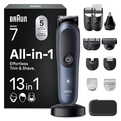 Braun Recortadora Todo en Uno Series 7 AIO7565, Azul - Kit de Styling 13en1 para Barba, Pelo, Orejas, Nariz Y Cuerpo, 14 Longitudes, 120 Min de Autonomía, Cortapelos Hombre con Lámina Ultra Afilada
