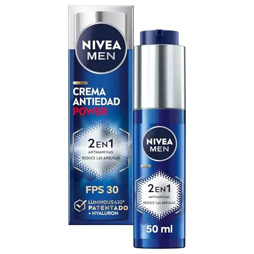 NIVEA MEN POWER Crema Hidratante 2 en 1 Antimanchas y Antiarrugas (1 x 50 ml), crema facial antiedad con protector FP30, proteccción solar con Luminous 630 y ácido hialurónico