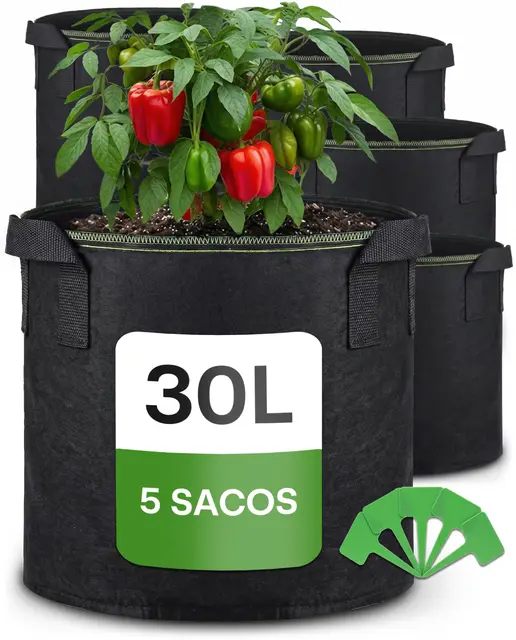 Praknu 5 Bolsas de Cultivo para Plantas 30L - Bolsas para Plantar de Tela no Tejida con Etiquetas y Asas - Maceta Geotextil para Plantas, Verduras y Hortalizas