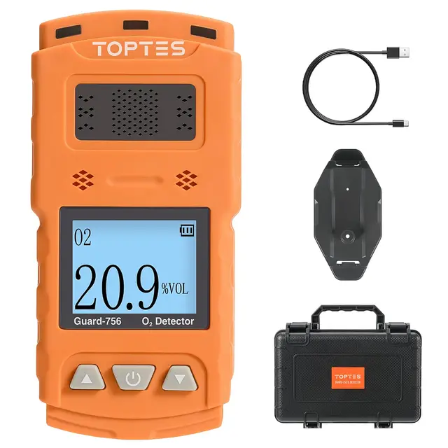 TopTes Guard-756 Monitor de O2 Mejorado Detector de Oxígeno Portátil, Respuesta de 0,5s, Recargable, con Alarmas de Vibración, Visuales & Sonoras, a Prueba de Polvo y Explosiones, para Trabajo y Hogar