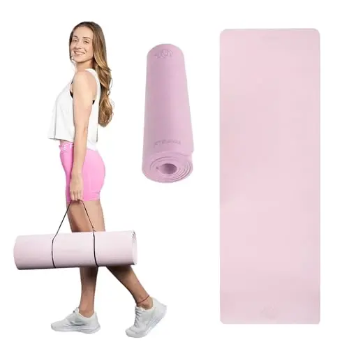 TREXO Esterilla de fitness en rosa, 183 x 61 cm y 10 mm de grosor, de TPE ecológica con superficie antideslizante, esterilla ligera para entrenamiento de fuerza, yoga, pilates y estiramientos