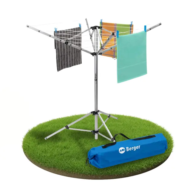 Berger | Tendedero Plegable Vertical para Camping y Exterior | Estructura Ligera y Resistente Tipo Paraguas, 15,5 m de Espacio para Colgar, Ideal para balcón, Autocaravana o jardín