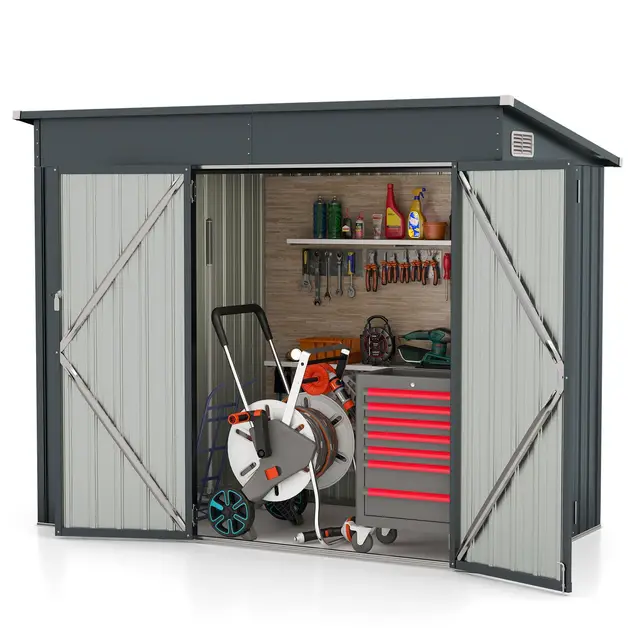 GOPLUS Cobertizo de Jardín de Metal Galvanizado con Puertas Delanteras y Laterales, Caseta de Herramientas con Techo Inclinado, Almacén Exterior para Jardín, Patio, 235x117x185 cm (Gris Oscuro)