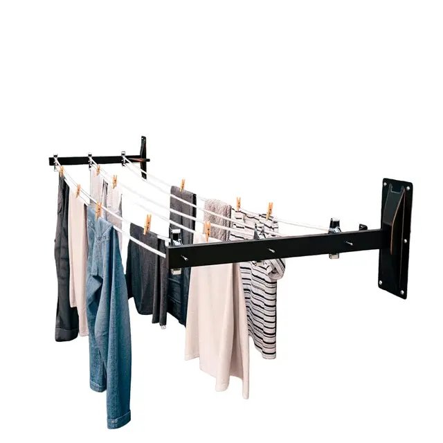 Amig - Tendedero Lateral de Pared Mod. 3 - Tenderete 2 Brazos con 6 poleas de Acero INOX - para 3 Cuerdas - Acero con Pintura epoxy - Uso Exterior - 450 mm - con Accesorios de fijación - Color Negro