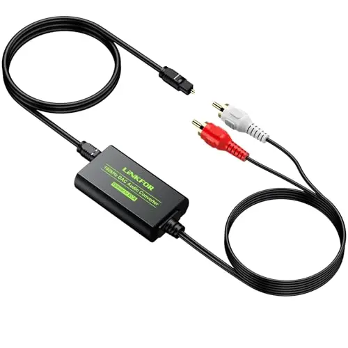 LiNKFOR DAC Convertidor Digital a Analógico,Conversor de Audio Estéreo Óptico Toslink SPDIF a RCA con Cable RCA Macho de 1,1 m,Adaptador Óptico L/R para HDTV BLU Ray DVD Sky HD Amps TV Box