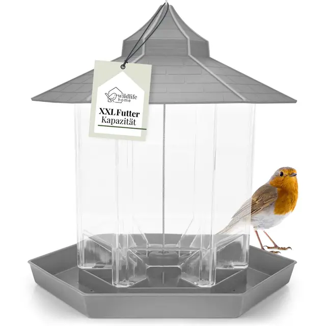 WILDLIFE HOME Pajarera para colgar, comedero para pájaros gris de plástico, comedero para pájaros, para jardín, balcón, terraza, farol de alimentación para tetas, gorriones