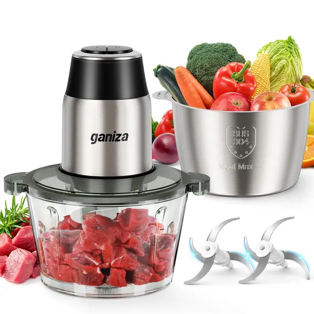 Ganiza Picadora de carne eléctrica, procesador de alimentos con 2 recipientes (1,8 L + 1,8 L), 2 cuchillas dobles, 2 velocidades, picadora eléctrica multifuncional para carne, verduras y frutos secos
