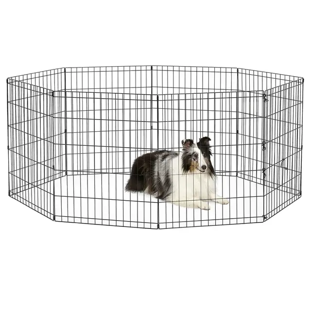 New World - Corral plegable de metal para perros y mascotas sin puerta, incluye estacas de conexión a tierra y proporciona 1,5 metros de espacio de juego, 76 cm de alto, revestimiento E-Coat negro