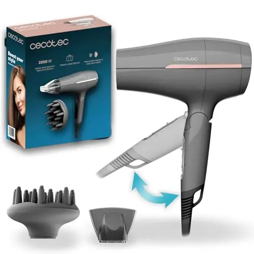 Cecotec Secador de Pelo de Viaje IoniCare Power&Go Heaven Grey. 2000W, 2 Temperaturas, 2 Velocidades, Función de Aire Frío, Boquilla Concentradora y Difusor, Anilla para Colgar