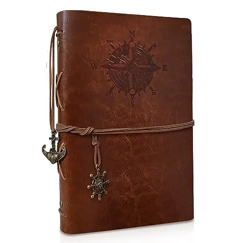 Cuaderno Vintage Rellenable A5 de Piel Sintética Diario de Viaje Libro de Bocetos Clásico Rellenable Refillable Notebook Journal (80 Hojas/160 Páginas)