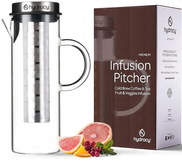 Hydracy Cafetera y Tetera - Jarra de Vidrio de 1,5L - Bebidas Frías y Calientes - Tapa y Filtro de Acero Inoxidable - Tubo Adicional para Infusiones de Frutas - Apto para Lavavajillas