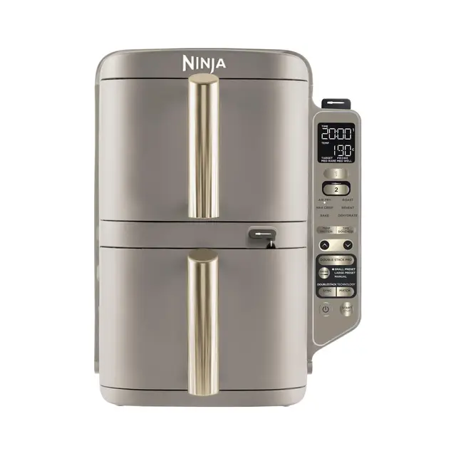 Ninja Double Stack XL Freidora de aire con sensor digital de cocción, freidora de aire vertical de doble cajón, 4 niveles de cocción, 2 rejillas, 9,5 l, 6 funciones, piedra dorada SL451EUSD